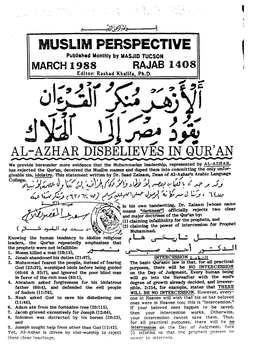 MUSLIM PERSPECTIVE Publlahed Monthly by MASJID TUCSON MARCH 1988 RAJAS 1408 Editor: Rashad Khalifa, Ph.D