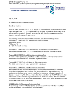 GRAS Notice 817, Serine Endopeptidase from Malbranchea Cinnamomea Produced in Trichoderma Reesei