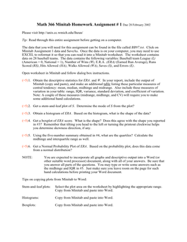 Math 366 Minitab Homework Assignment # 1 Due 28 February 2002