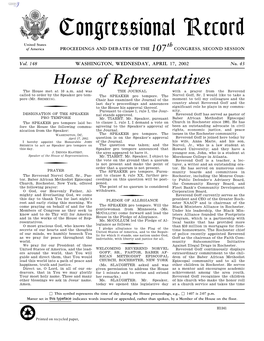 Congressional Record United States Th of America PROCEEDINGS and DEBATES of the 107 CONGRESS, SECOND SESSION