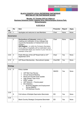 BLACK COUNTRY LOCAL ENTERPRISE PARTNERSHIP MEETING of the PARTNERSHIP BOARD Monday, 21St October 2019 at 3.00Pm at Business