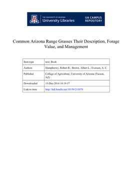 Common Arizona Range Grasses Their Description, Forage Value, and Management