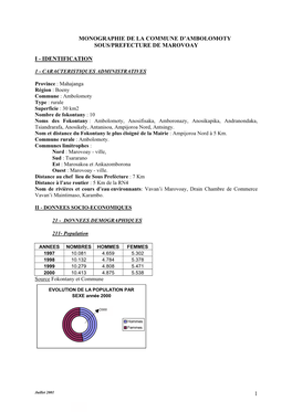 1 Monographie De La Commune D'ambolomoty Sous/Prefecture De Marovoay I