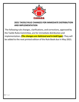 2021 Tackle Rule Changes for Immediate Distribution and Implementation