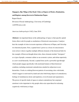 Singapore, Big Village of the Dead: Cities As Figures of Desire, Domination, and Rupture Among Korowai of Indonesian Papua