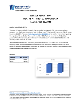 Weekly Report for Deaths Attributed to Covid-19 Issued July 16, 2021