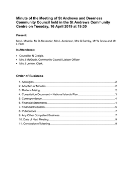 Minute of the Meeting of St Andrews and Deerness Community Council Held in the St Andrews Community Centre on Tuesday, 16 April 2019 at 19:30