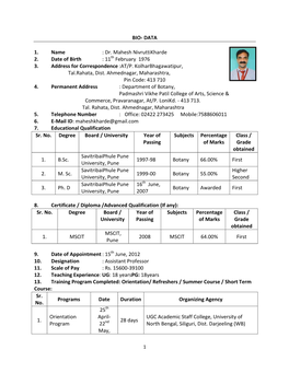 BIO- DATA 1. Name : Dr. Mahesh Nivrutti Kharde 2