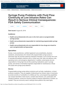 Syringe Pump Problems with Fluid Flow Continuity at Low Infusion Rates Can Result in Serious Clinical Consequences: FDA Safety Co