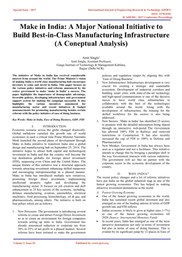 Make in India: a Major National Initiative to Build Best-In-Class Manufacturing Infrastructure (A Coneptual Analysis)