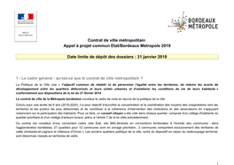 Contrat De Ville Métropolitain Appel À Projet Commun Etat/Bordeaux Métropole 2019