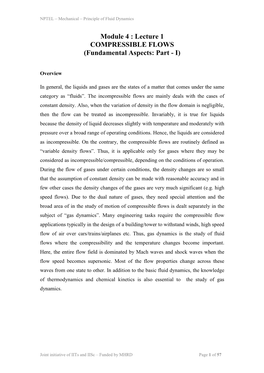 Lecture 1 COMPRESSIBLE FLOWS (Fundamental Aspects: Part - I)