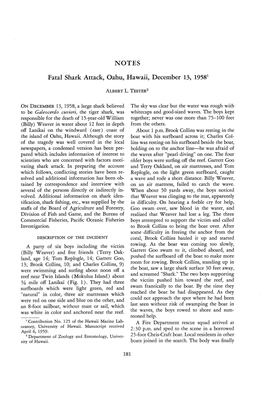 NOTES Fatal Shark Attack, Oahu, Hawaii, December 13, 19581