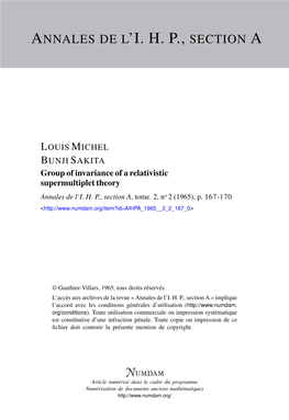 Group of Invariance of a Relativistic Supermultiplet Theory Annales De L’I