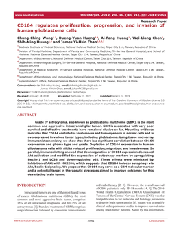 CD164 Regulates Proliferation, Progression, and Invasion of Human Glioblastoma Cells