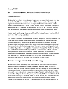 January 10, 2019 Re: Legislation to Address the Urgent Threat of Climate Change Dear Representative: on Behalf of Our Millions