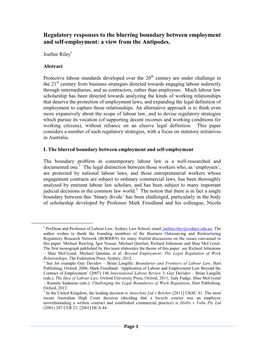 Regulatory Responses to the Blurring Boundary Between Employment and Self-Employment: a View from the Antipodes