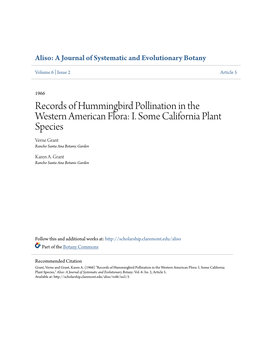 Records of Hummingbird Pollination in the Western American Flora: I