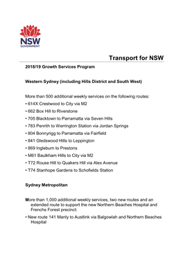 Transport for NSW 2018/19 Growth Services Program