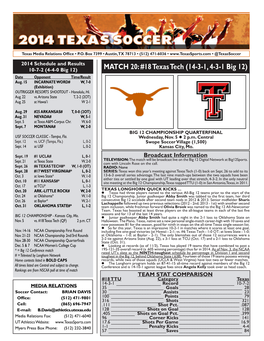 MATCH 20: #18 Texas Tech (14-3-1, 4-3-1 Big 12) Date Opponent Time/Result Aug