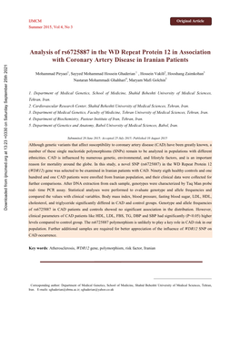 Analysis of Rs6725887 in the WD Repeat Protein 12 in Association with Coronary Artery Disease in Iranian Patients