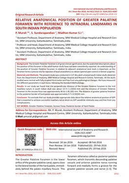 Relative Anatomical Position of Greater Palatine Foramen with Reference to Intraoral Landmarks in South Indian Population P