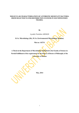 Molecular Characterisation of Antibiotic-Resistant Bacteria from Selected Water Distribution Systems in Southwestern Nigeria