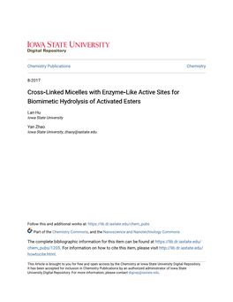 Full Paper Cross-Linked Micelles with Enzyme-Like Active Sites for Biomimetic Hydrolysis of Activated Esters