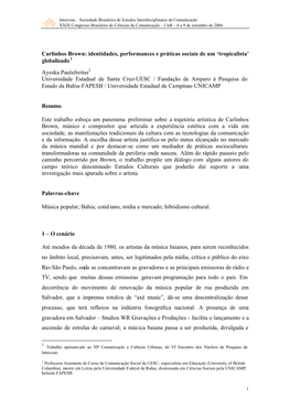 Carlinhos Brown: Identidades, Performances E Práticas Sociais De Um ‘Tropicalista’ Globalizado 1
