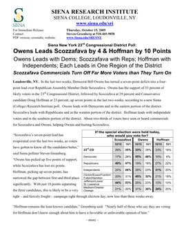 SIENA RESEARCH INSTITUTE Owens Leads Scozzafava by 4