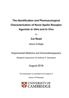 The Identification and Pharmacological Characterisation of Novel Apelin Receptor Agonists in Vitro and in Vivo