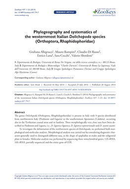 Phylogeography and Systematics of the Westernmost Italian Dolichopoda Species (Orthoptera, Rhaphidophoridae)