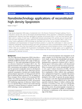 Nanobiotechnology Applications of Reconstituted High Density Lipoprotein Robert O Ryan1,2