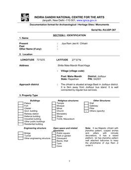 INDIRA GANDHI NATIONAL CENTRE for the ARTS Janpath, New Delhi -110 001, Documentation Format for Archaeological / Heritage Sites / Monuments