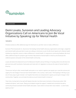 Demi Lovato, Sunovion and Leading Advocacy Organizations Call on Americans to Join Be Vocal Initiative by Speaking up for Mental Health