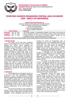 Studying Sources Regarding Central Asia in Europe (Xix - Early Xx Centuries)