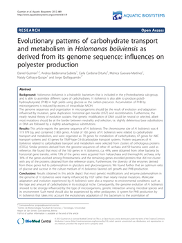 Evolutionary Patterns of Carbohydrate Transport and Metabolism in Halomonas Boliviensis As Derived from Its Genome Sequence