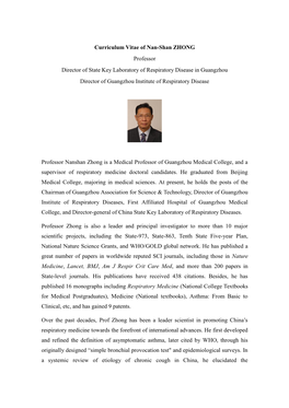 Curriculum Vitae of Nan-Shan ZHONG Professor Director of State Key