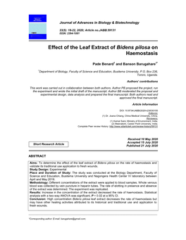 Effect of the Leaf Extract of Bidens Pilosa on Haemostasis