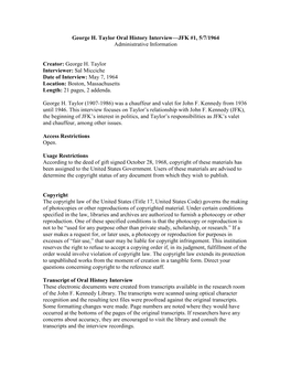 George H. Taylor Interviewer: Sal Micciche Date of Interview: May 7, 1964 Location: Boston, Massachusetts Length: 21 Pages, 2 Addenda