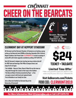 Promo Code CLERMONT19 to Lock in Savings of Nearly 20% with Ticket Upgrades Available by Calling 1-877-CATS-TIX