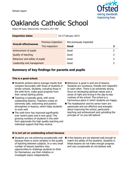 Oaklands Catholic School Stakes Hill Road, Waterlooville, Hampshire, PO7 7BW