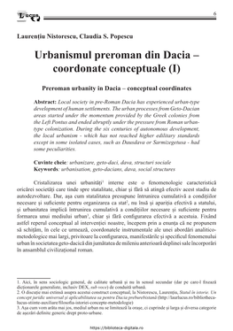 Urbanismul Preroman Din Dacia – Coordonate Conceptuale (I)
