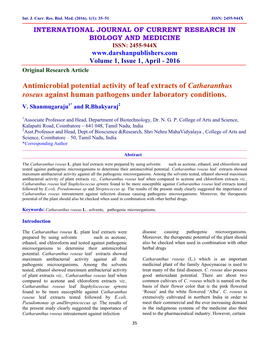 Antimicrobial Potential Activity of Leaf Extracts of Catharanthus Roseus Against Human Pathogens Under Laboratory Conditions