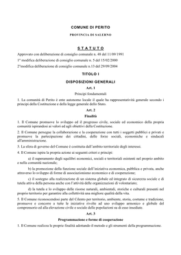 COMUNE DI PERITO S T a T U T O Approvato Con Deliberazione Di Consiglio Comunale N. 48 Del 11/09/1991 1° Modifica Deliberazione