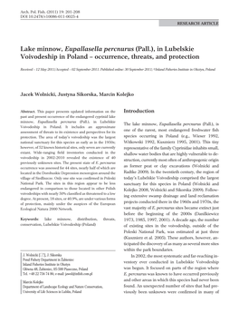 Lake Minnow, Eupallasella Percnurus (Pall.), in Lubelskie Voivodeship in Poland – Occurrence, Threats, and Protection