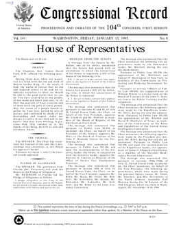 Congressional Record United States Th of America PROCEEDINGS and DEBATES of the 104 CONGRESS, FIRST SESSION