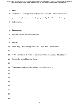 Catabolism of 3-Hydroxypyridine by Ensifer Adhaerens HP1: a Novel Four-Component