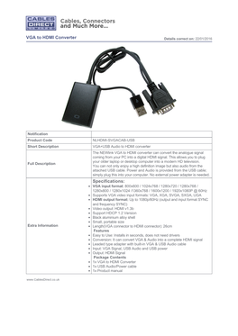 VGA to HDMI Converter Specifications