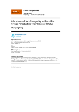 Education and Social Inequality in China Elite Groups Perpetuating Their Privileged Status